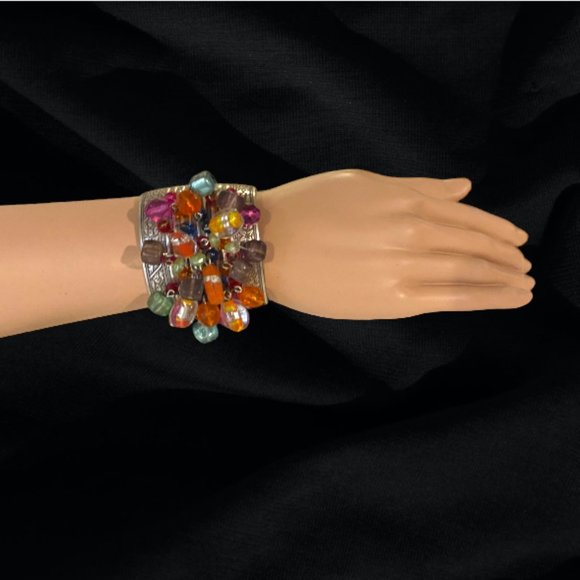 VINTAGE BRACELET -- Wide Silver Cuff Bracelet with Beads & Crystals, Aztec Vibe - Picture 8 of 8